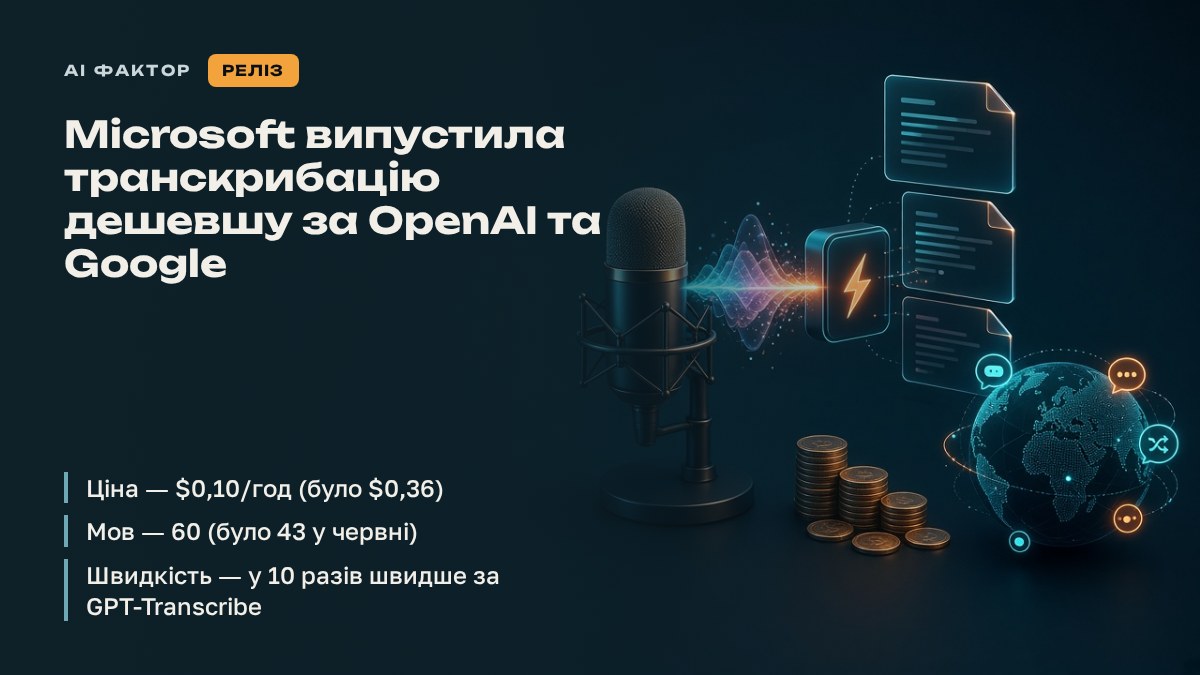 🎙Microsoft випустила транскрибацію дешевшу за OpenAI та Google