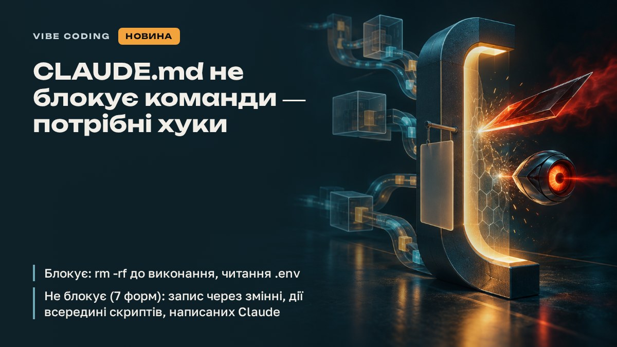 CLAUDE.md офіційно вважається контекстом для моделі, а не жорсткою конфігурацією — заборони на кшталт «не пуш у main» чи «не читай .env» можуть ігноруватися. Автор побудував окремий шар хуків і довів тести до 67 (почав з 21, дірки з'являлися щоразу, коли скрипт перевіряла інша модель): прості обходи типу bash -lc 'rm -rf build' чи sudo -u root rm -rf build наївний хук пропускає.
